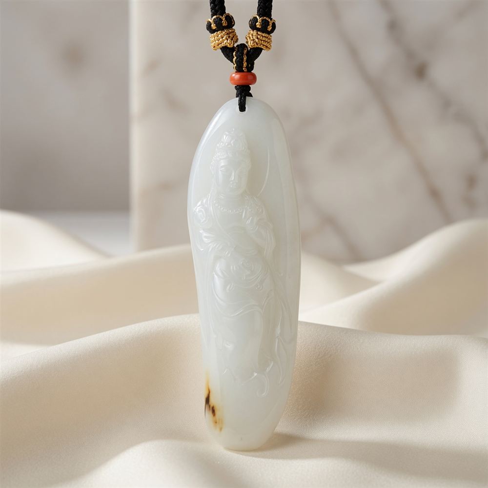 White Jade Oval Guanyin Pendant