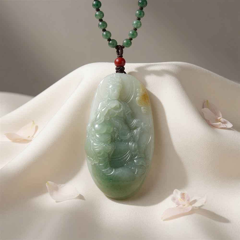 Jadeite Guanyin Pendant with Bead Necklace