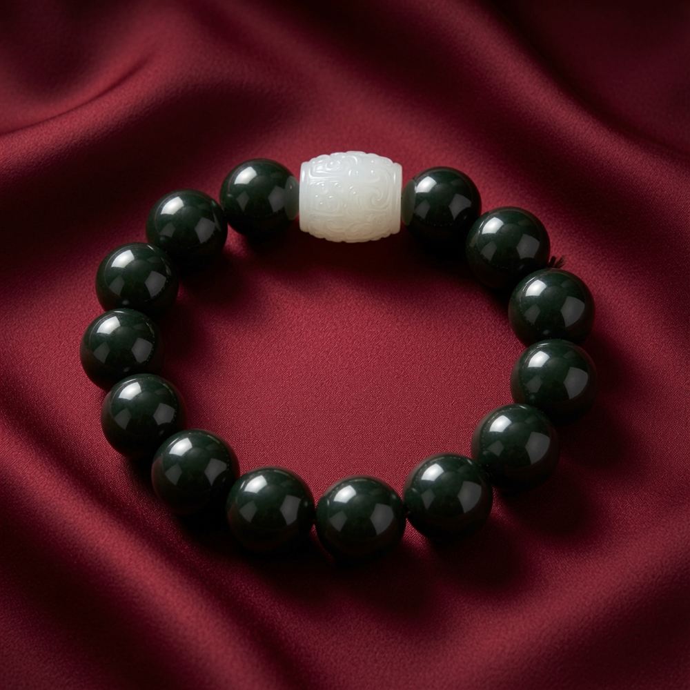Green Jade Bracelet with Carved White Jade Bead