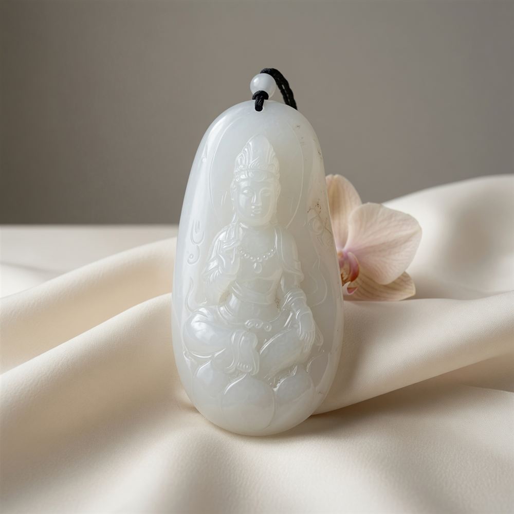 White Jade Seated Guanyin Pendant