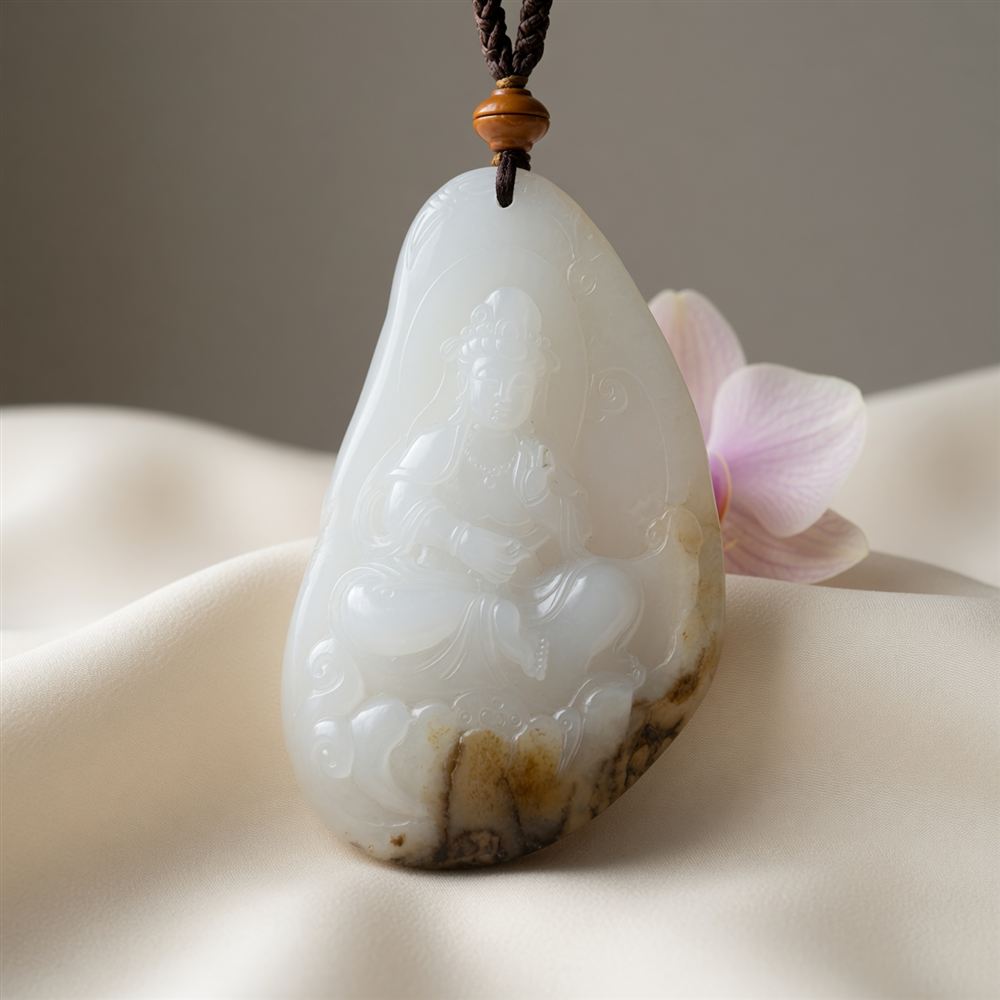 White Jade Guanyin Pebble Pendant