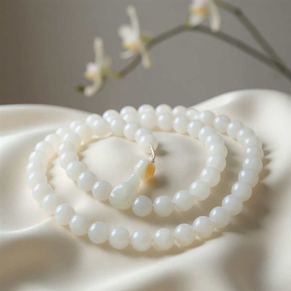 White Jade Bead Necklace with Gourd Pendant