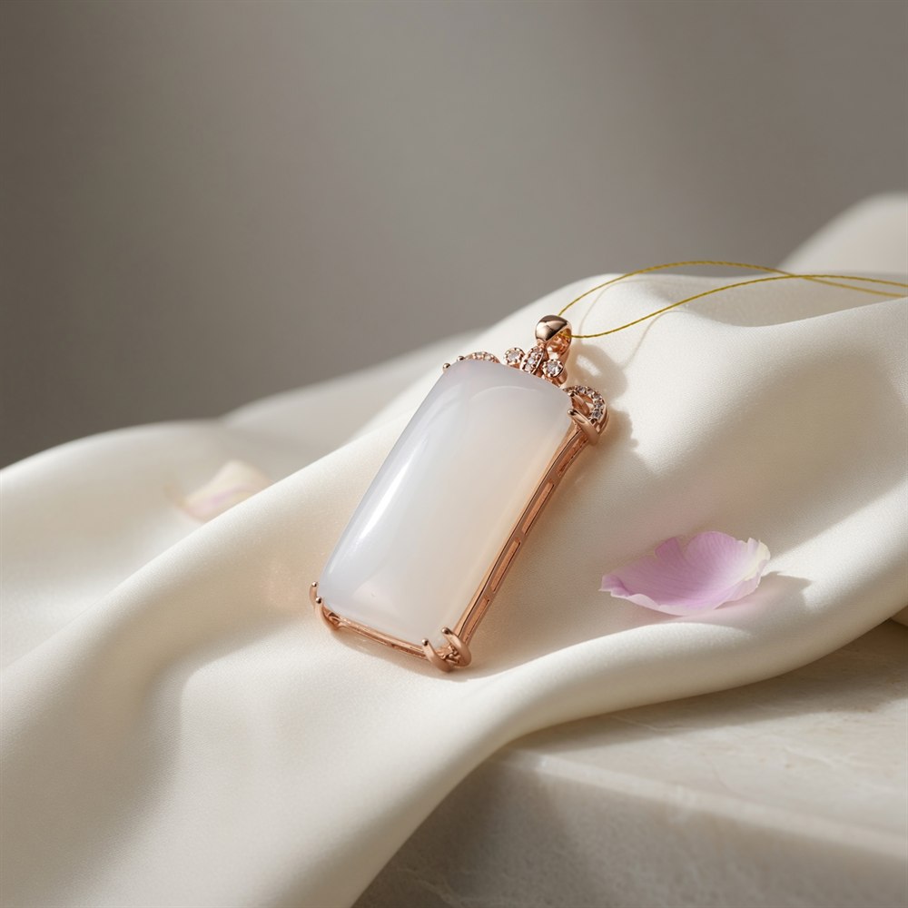 White Jade Peace Tablet Pendant in Rose-Gold Setting