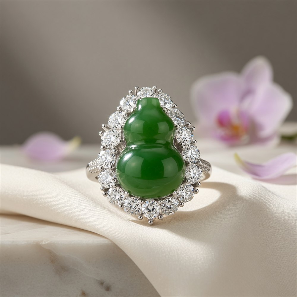 Spinach-Green Jade Gourd Ring with Zircon Halo
