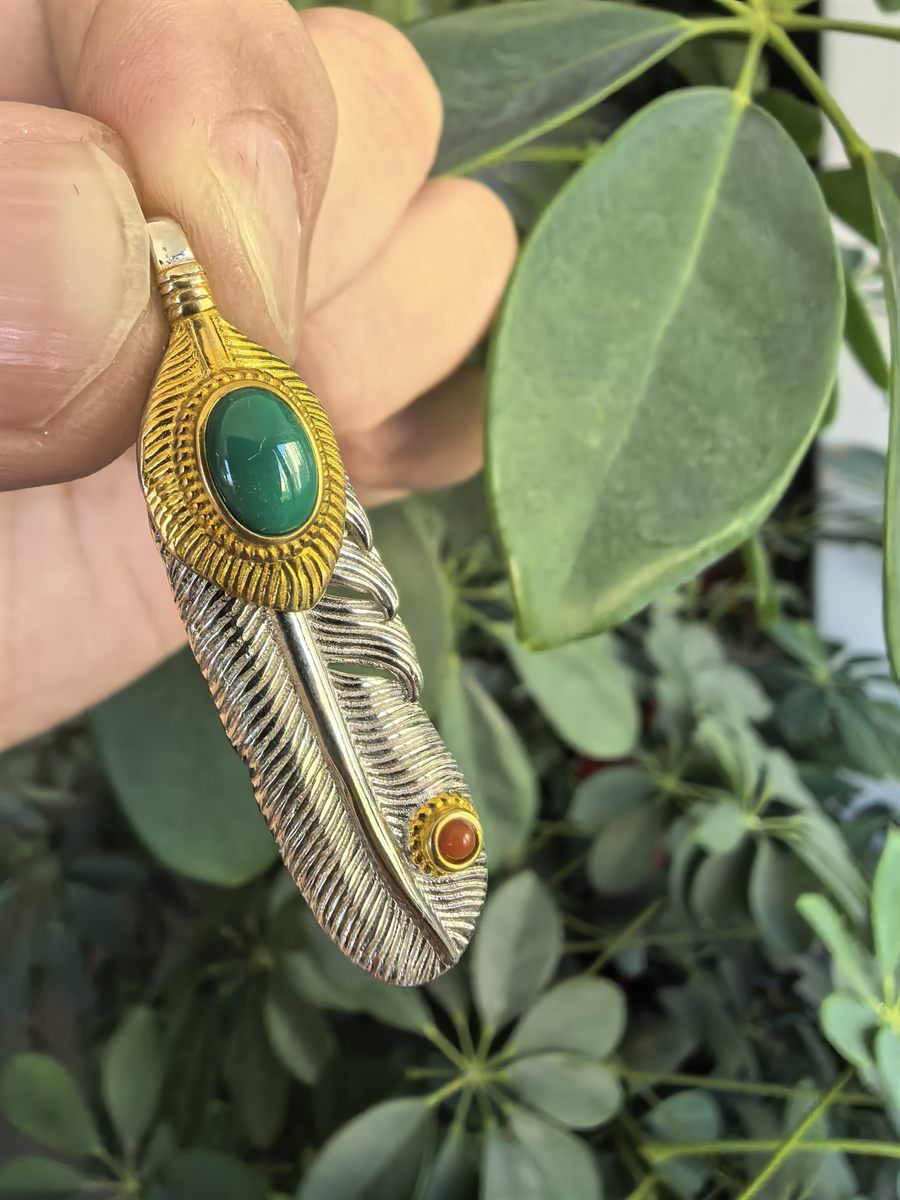 Turquoise Feather Pendant in Gilt Silver
