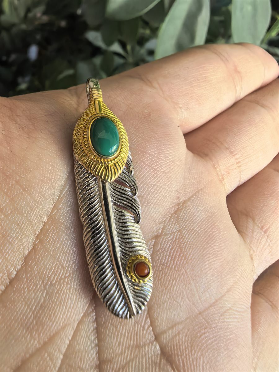 Turquoise Feather Pendant in Gilt Silver