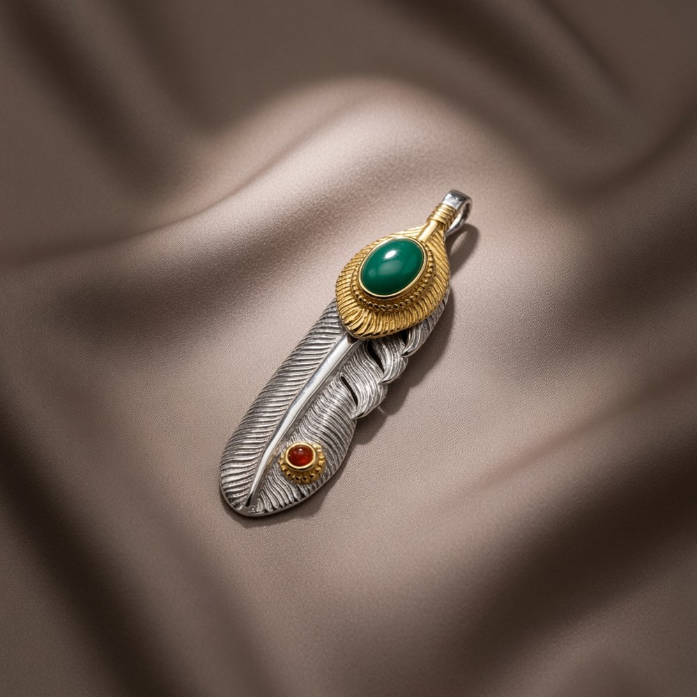 Turquoise Feather Pendant in Gilt Silver