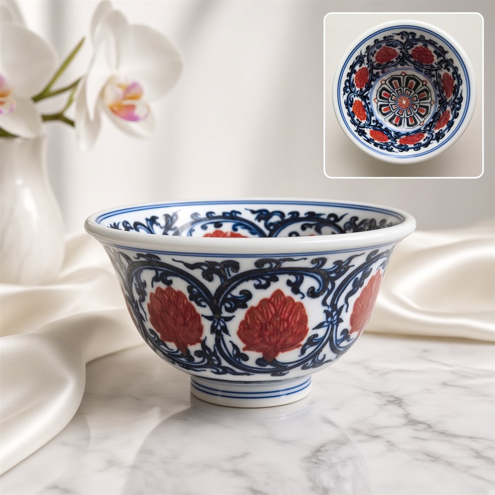 Blue-and-White Teacup with Underglaze-Red Lotus