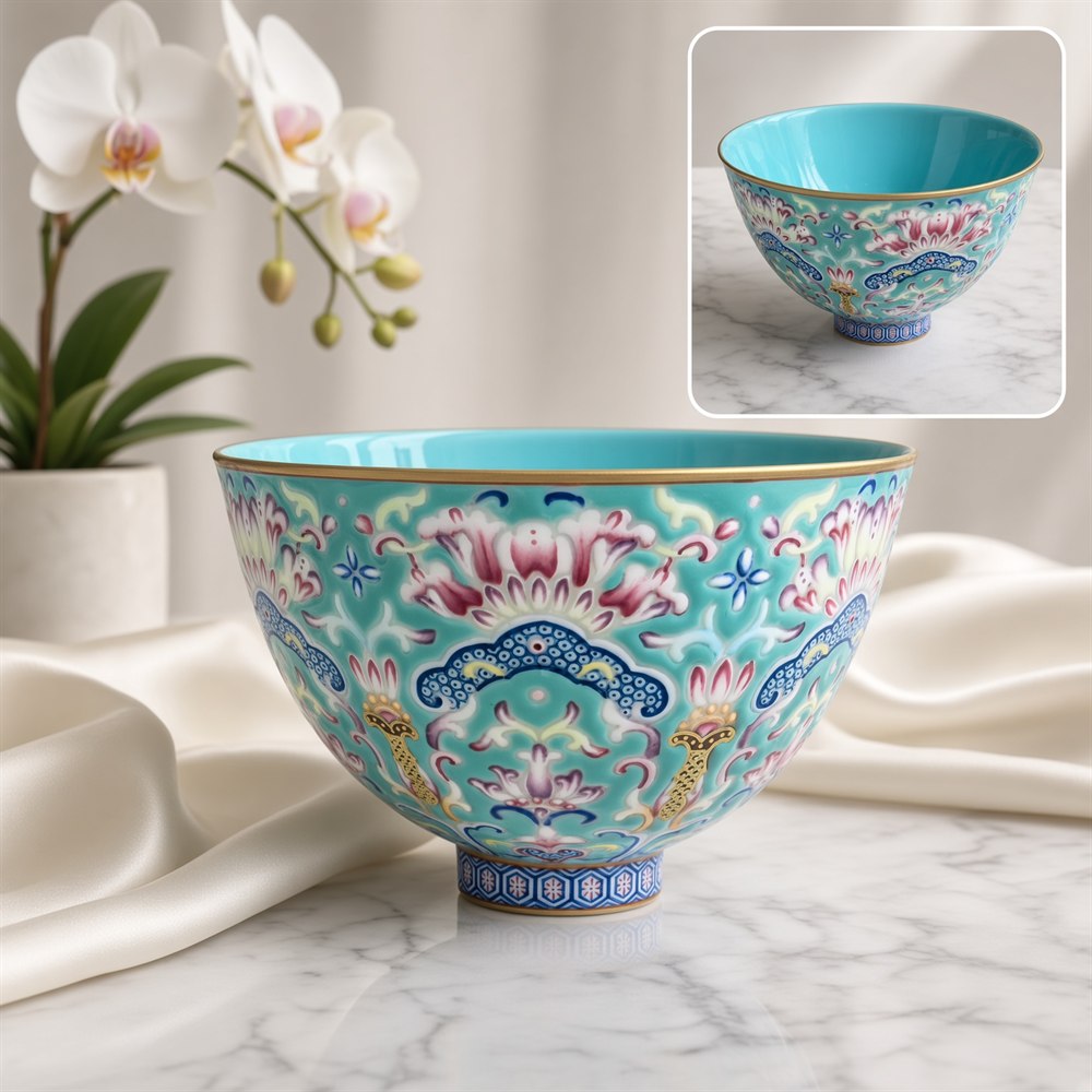 Turquoise-Ground Famille Rose Teacup with Gilt Rim