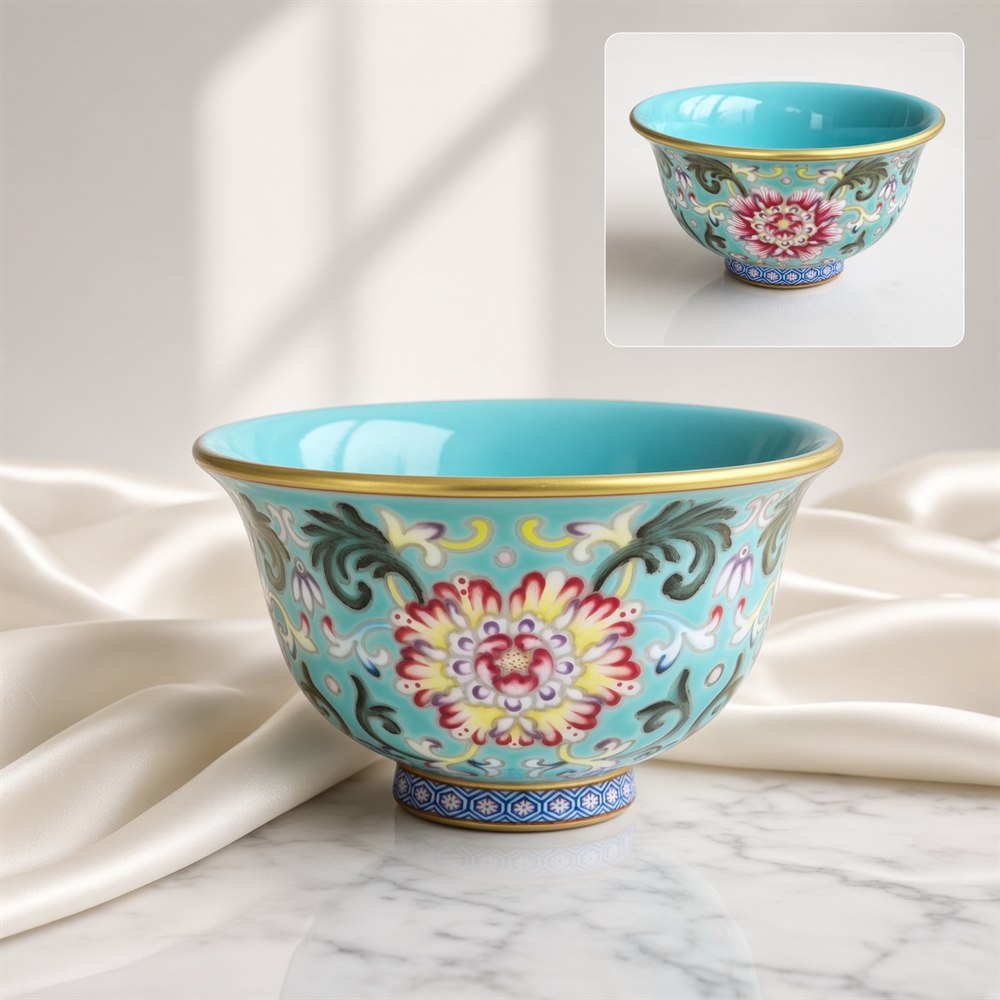 Turquoise-Ground Famille Rose Pressed-Rim Cup with Peony