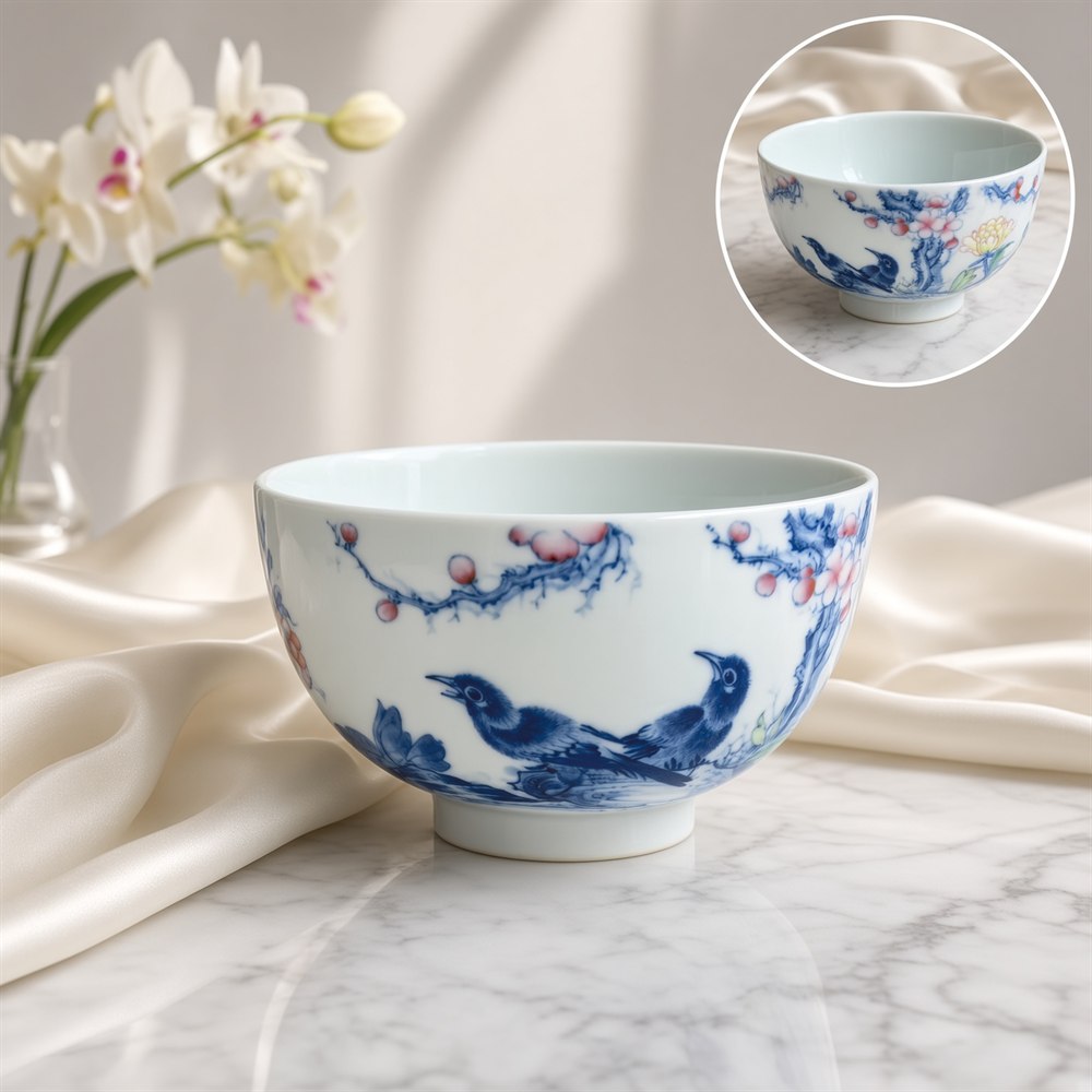 Blue-and-White Teacup with Magpies and Peach Branches