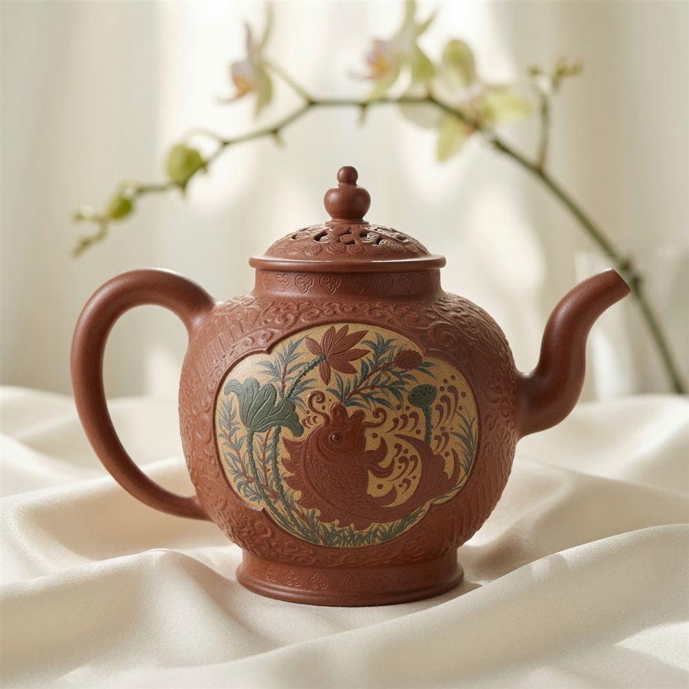 Fish-and-Lotus Zisha Teapot with Pierced Lid