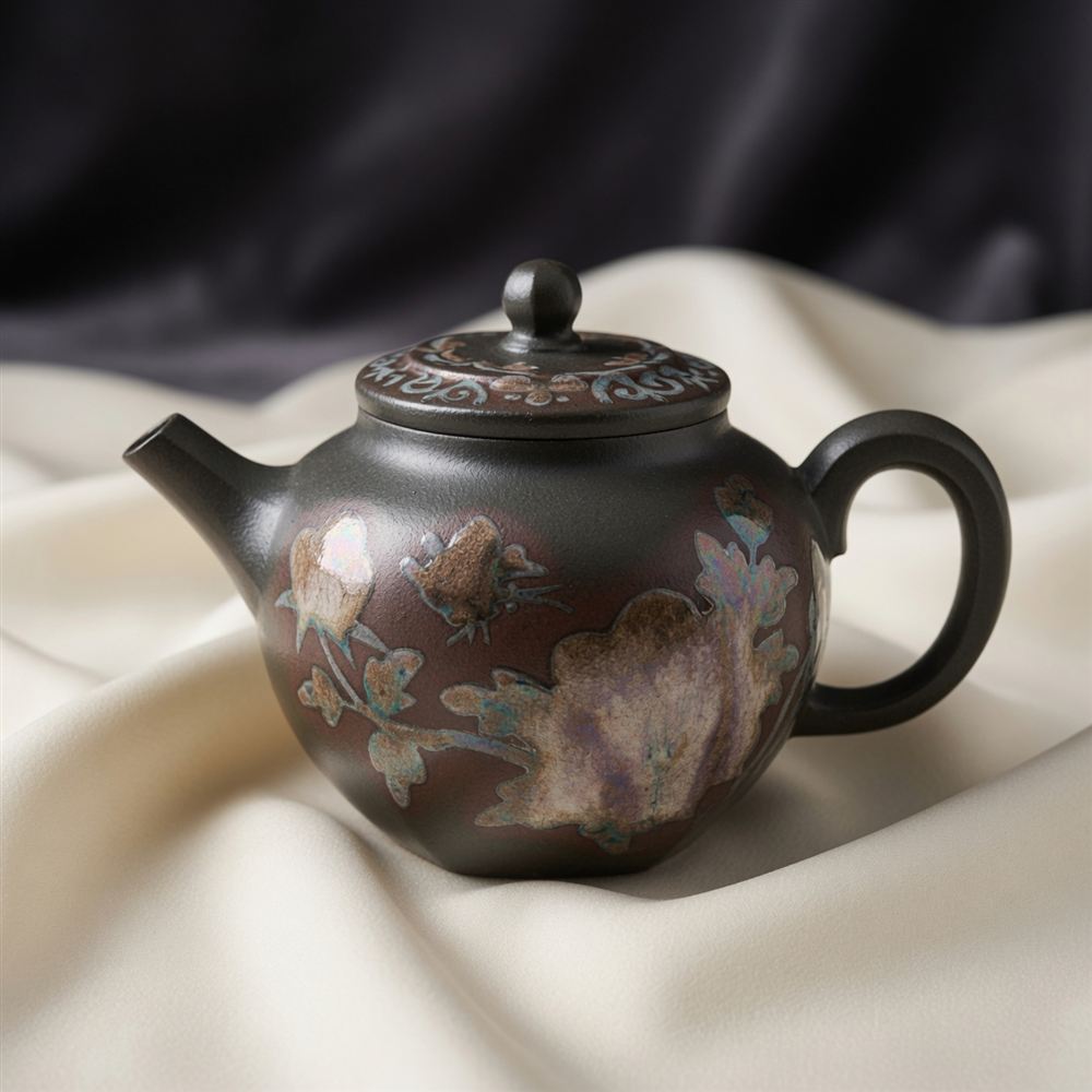 Dark Zisha Teapot with Slip-Painted Blossoms
