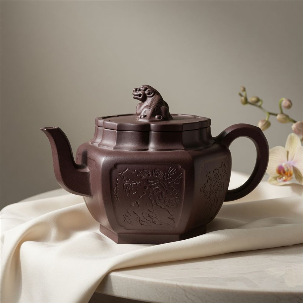 Hexagonal Zisha Teapot with Lion Finial
