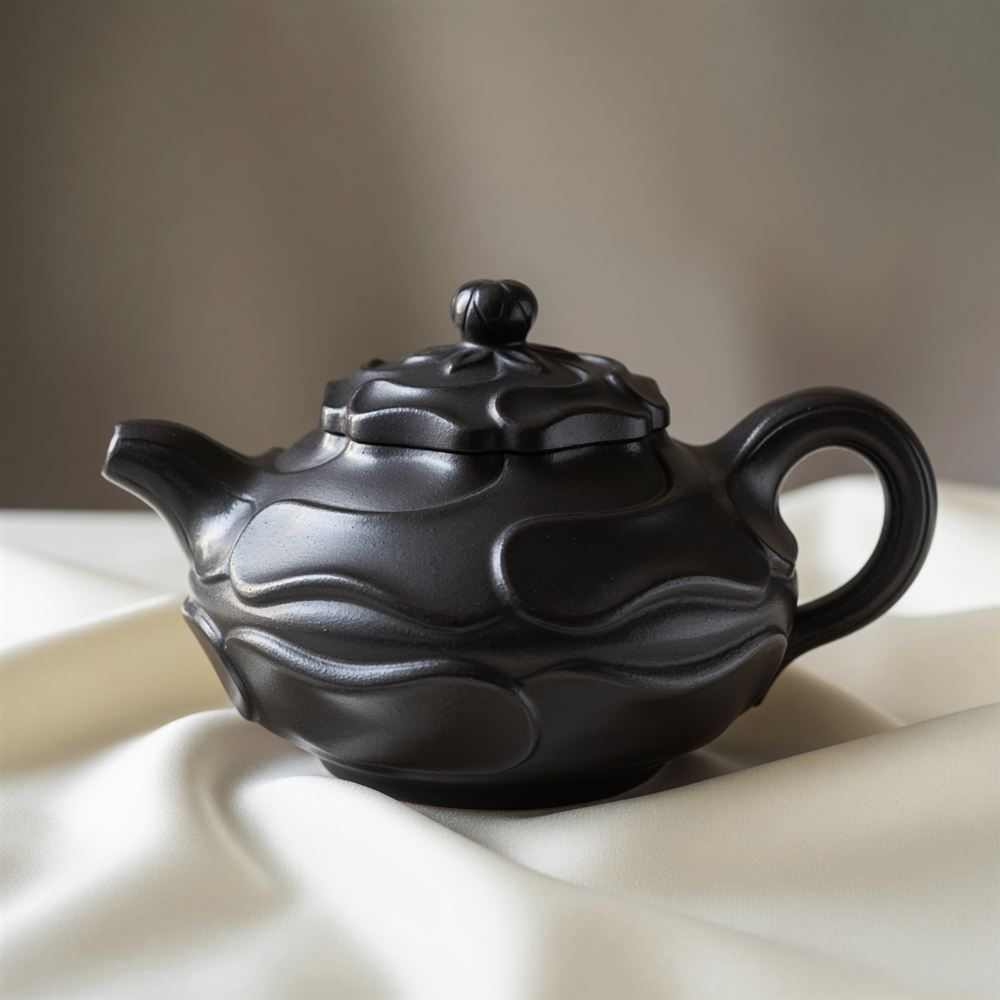 Black Zisha Teapot with Lotus Relief