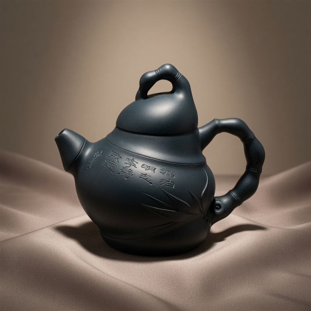 Dark-Green Bamboo Zisha Teapot with Inscription