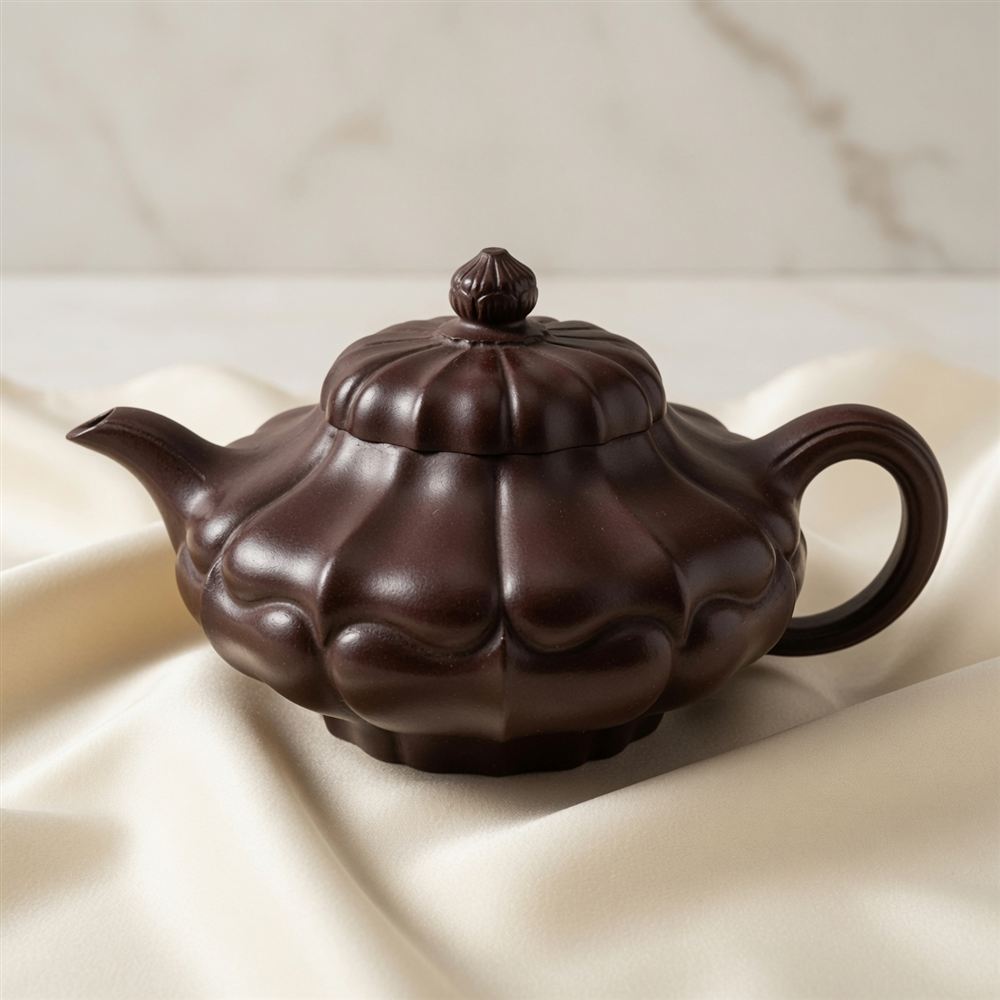 Dark Petal-Ribbed Zisha Teapot