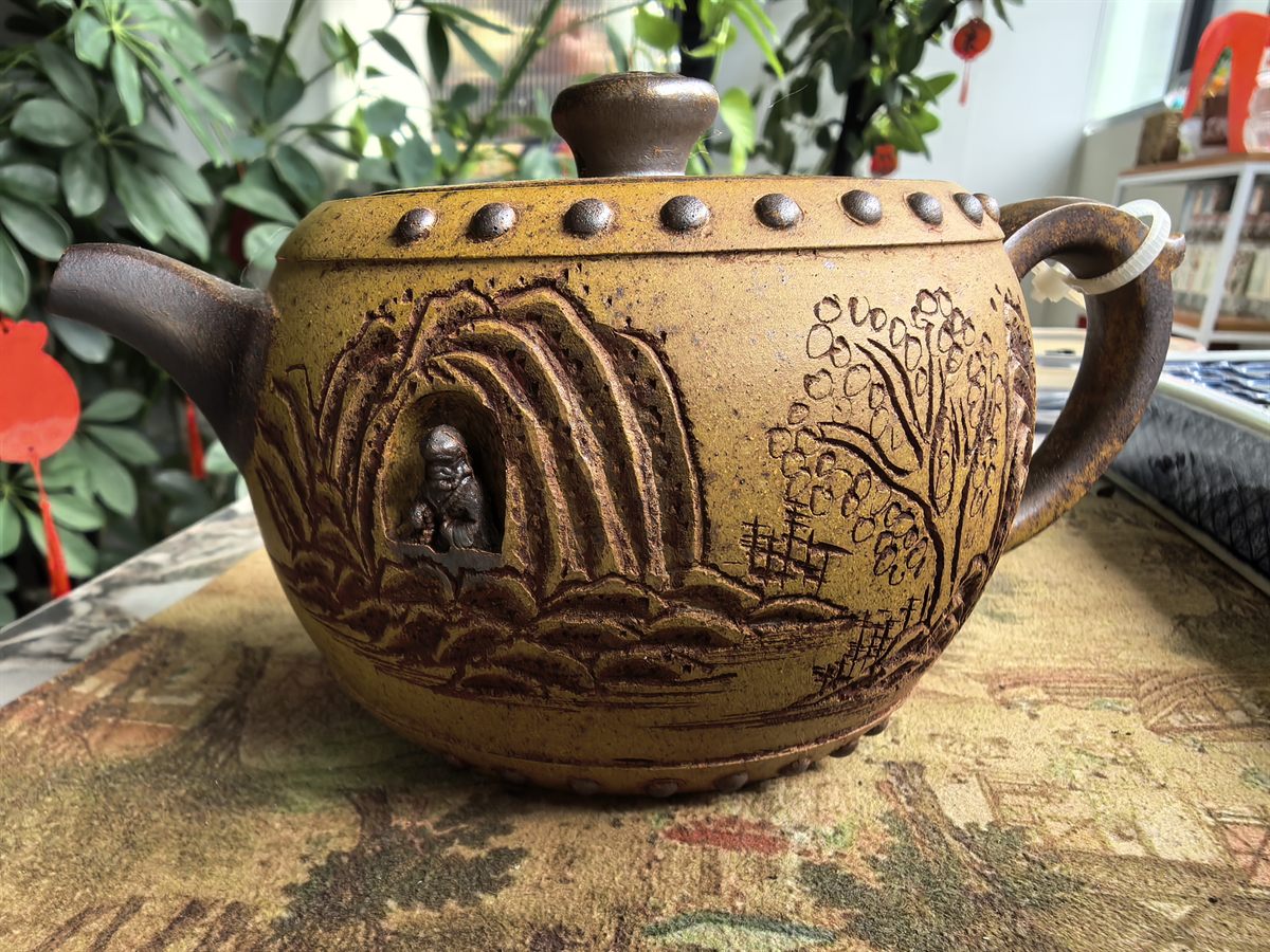 Duanni Zisha Teapot with Carved Hermit Landscape