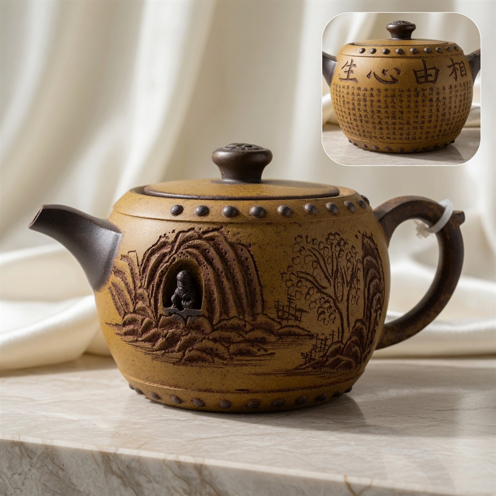 Duanni Zisha Teapot with Carved Hermit Landscape