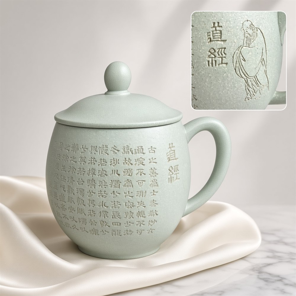 Green Clay Lidded Tea Mug with Incised Tao Te Ching