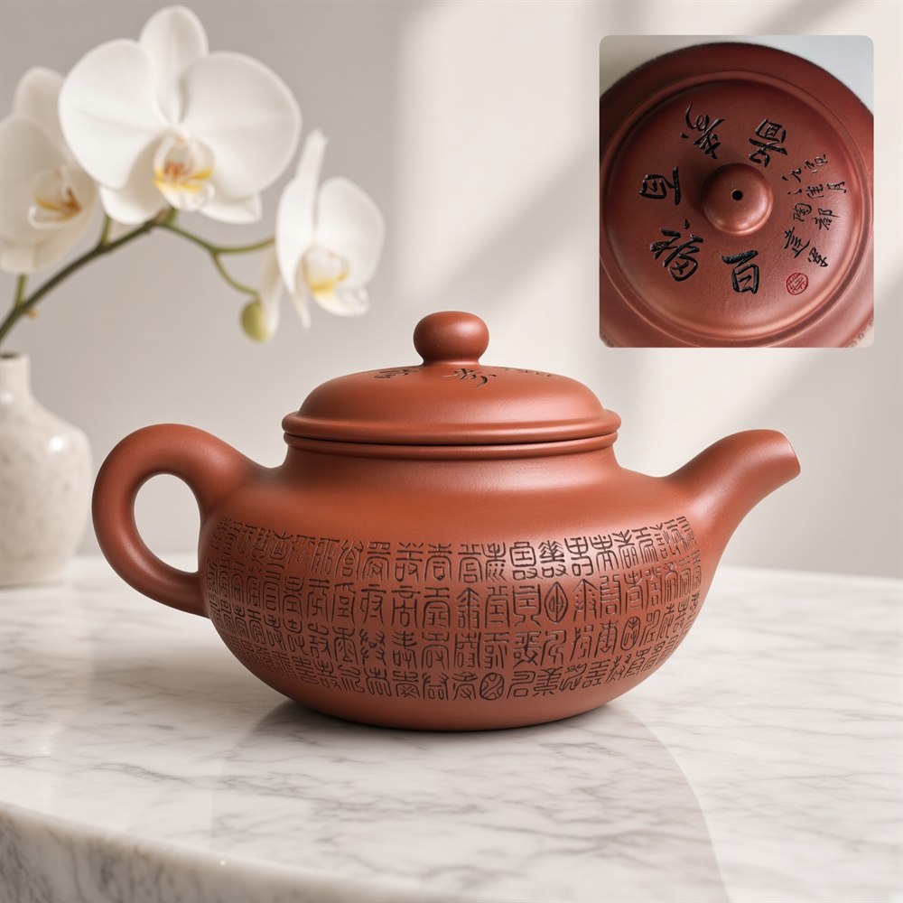 Red Clay Zisha Teapot with Hundred Longevity Characters