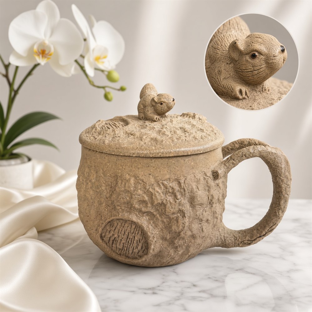 Duanni Zisha Tree-Stump Mug with Squirrel Lid