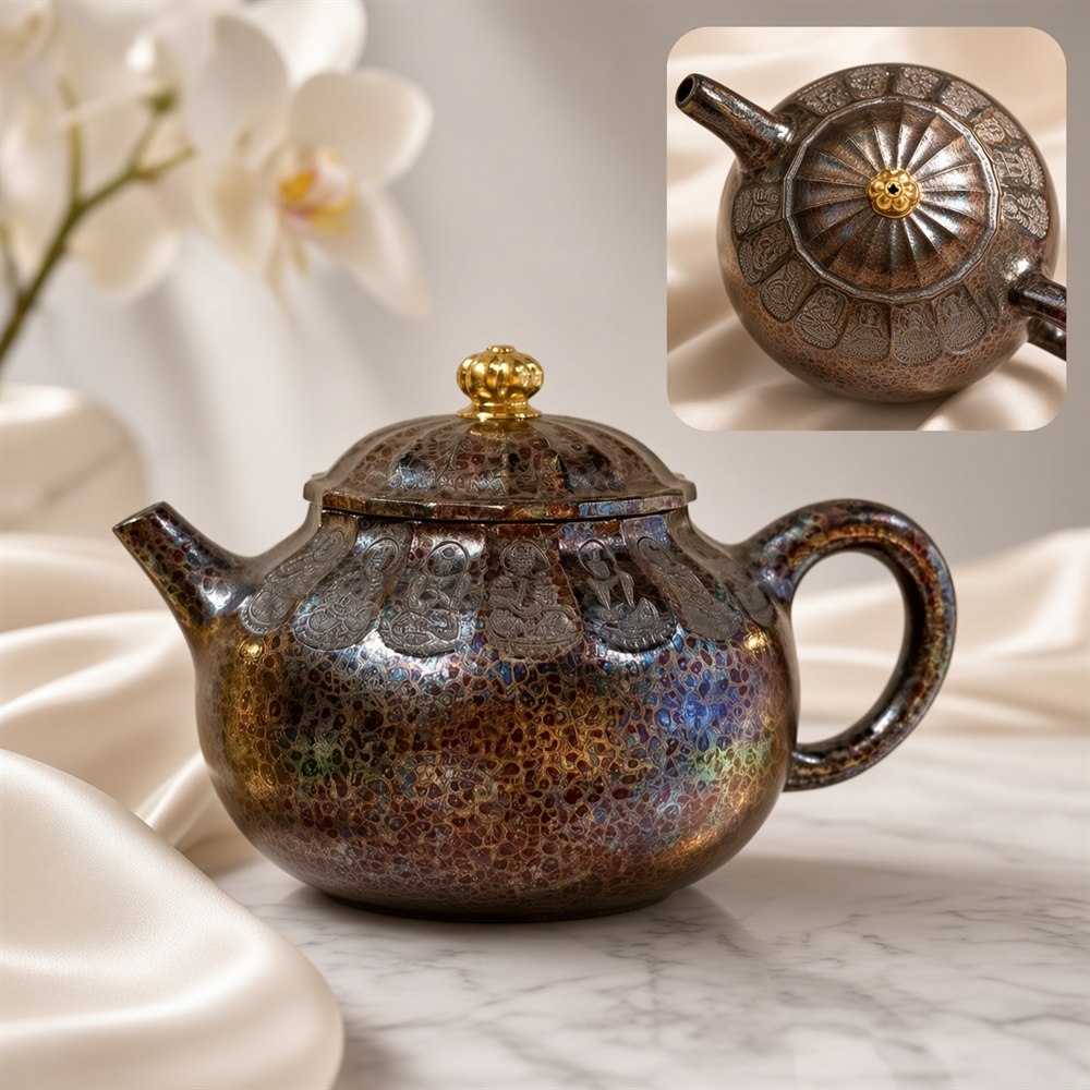 Dahongpao Zisha Teapot, Shell-Fired, with Buddha Frieze and Gilt Lotus Knob