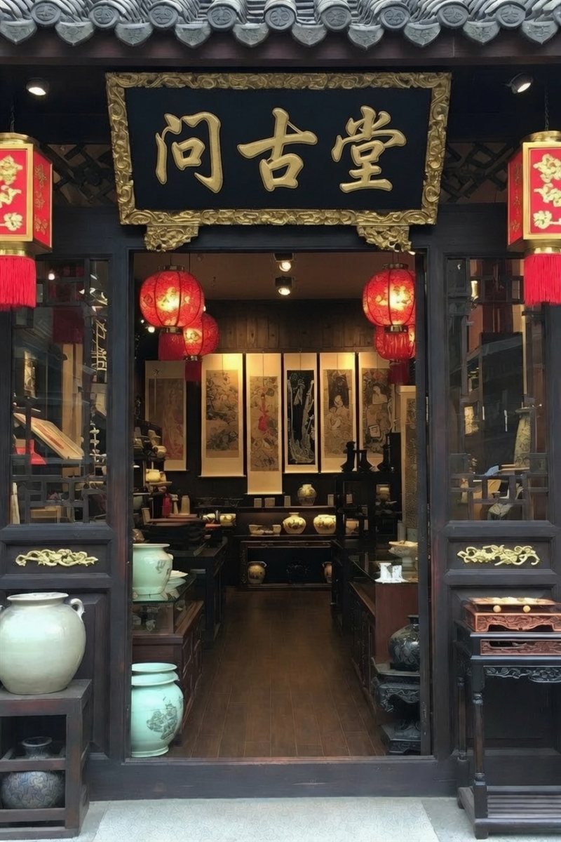 The entrance of Wen Gu Hall — gilt signboard, red lanterns and antique-filled interior